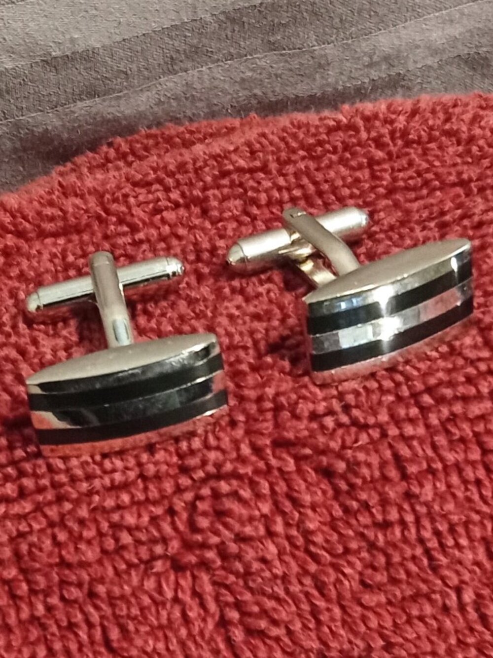 Stainless Steel and Black Onyx Striped Retangular Cuff Links (Cufflinks)